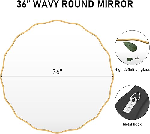 Miniatura 84 de Espejo redondo decorativo para pared de 28 pulgadas, moderno espejo ondulado dorado con marco de madera, espejo de pared circular para baño
