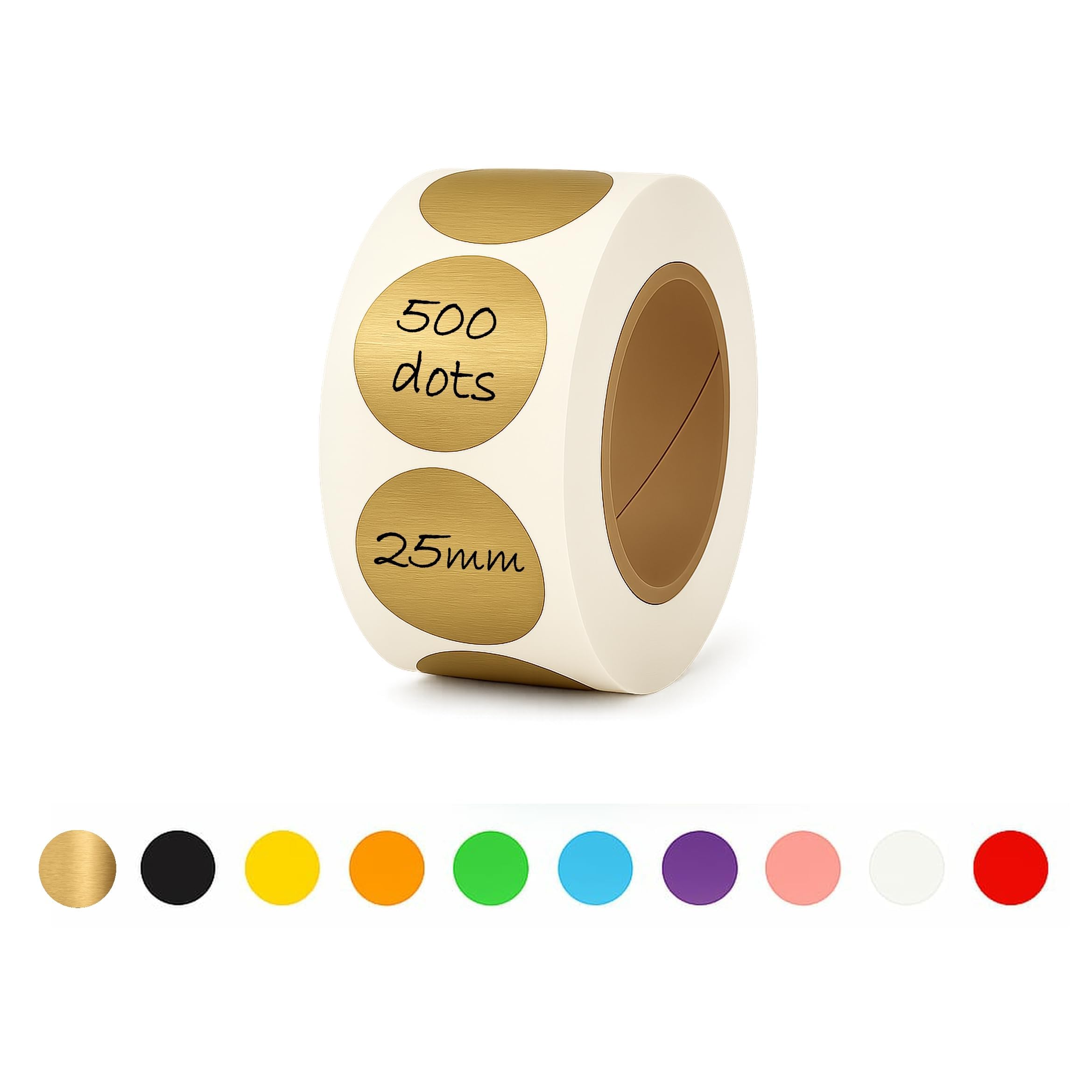 25mm Sticky Dots - 500 Round Coloured Dot Stickers, 10 Assorted Colours, Writable Semi Gloss Labels, Easy Peel Roll, Durable Circle Labels for Office, School Calendars, Crafts & Organisation (Gold)