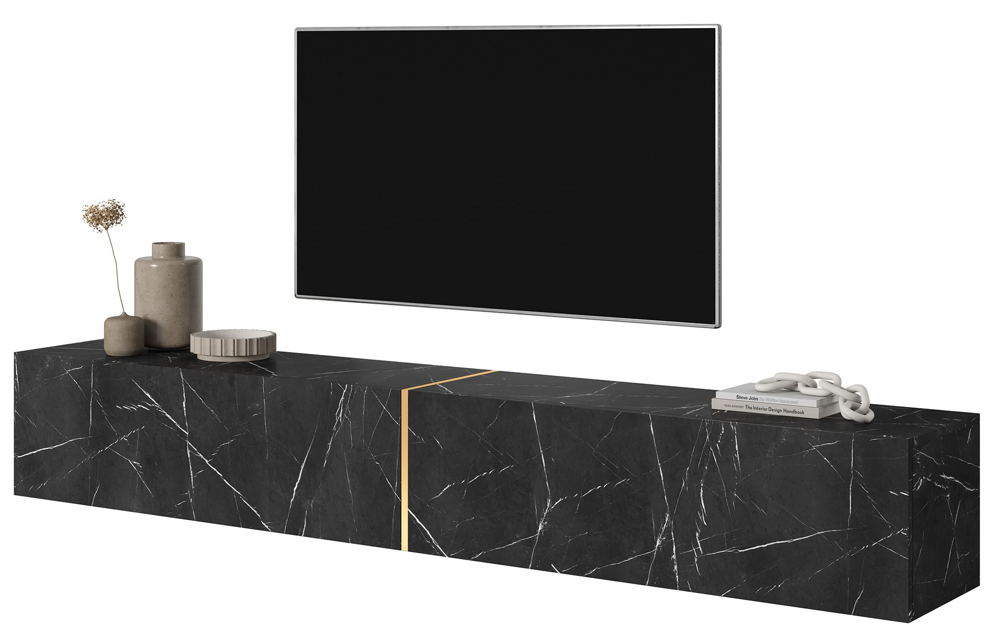 Selsey Mueble De TV Mesa De TV 200 cm Suspendido para Salón Dormitorio Mármol Negro con Inserción Dorada Bisira