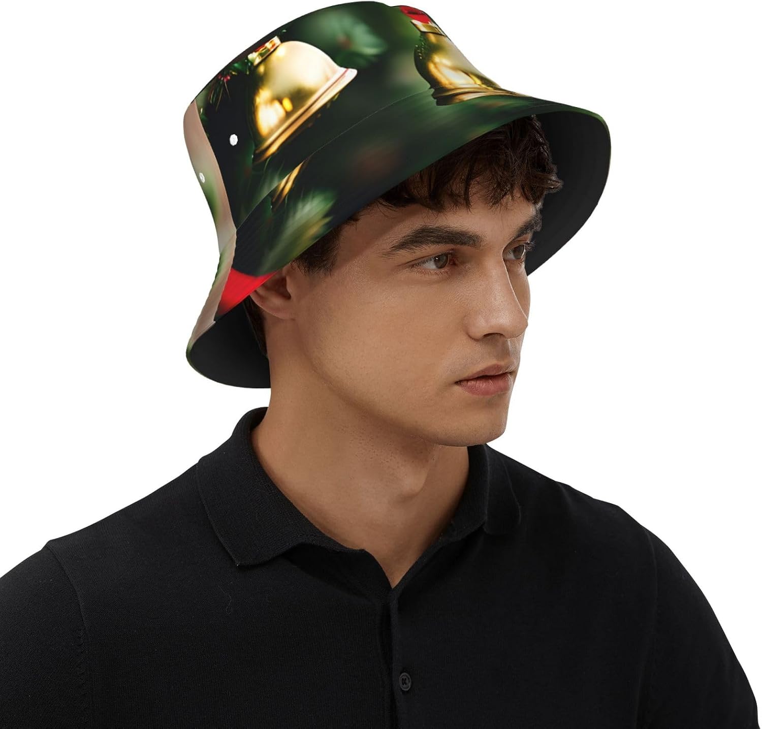 Christmas Tree and Bells Print Sun Hat Outdoor Fisherman Cap Summer Bucket Hat Beach for Men Women Black