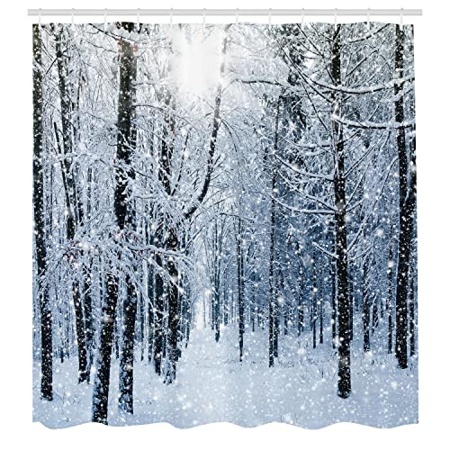Ambesonne Winter Shower Curtain, Snow Covered Forest Idyllic Early Morning Scenery Seasonal Xmas Nature, Cloth Fabric Bathroom Decor Set With Hooks, 69" W X 70" L, Black White Slate Blue #TOP17