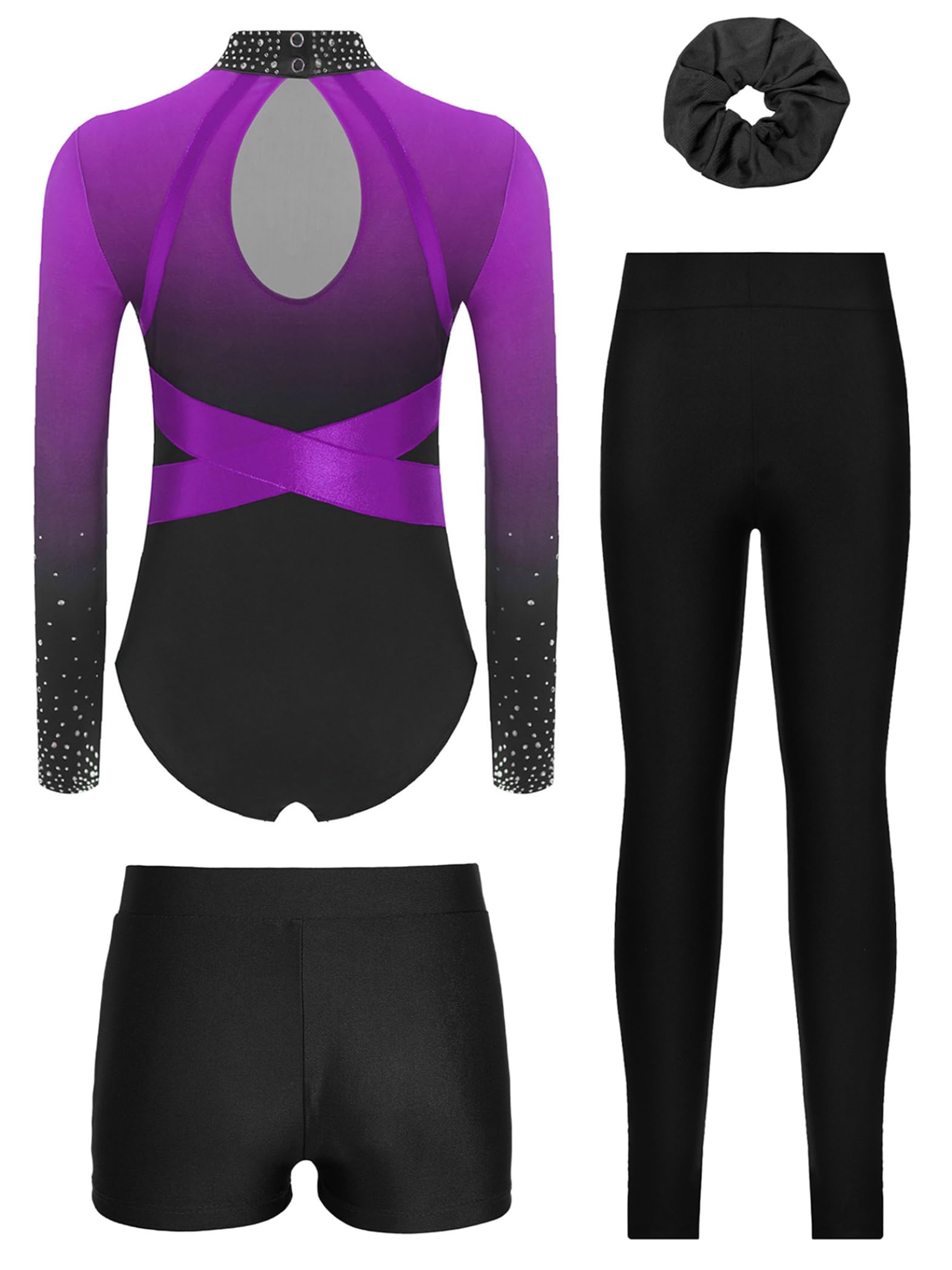 Turnanzug Set 4-teilig Mädchen Strassbody Leggings Shorts Haargummi Eiskunstlauf TanzKostüm 110-170