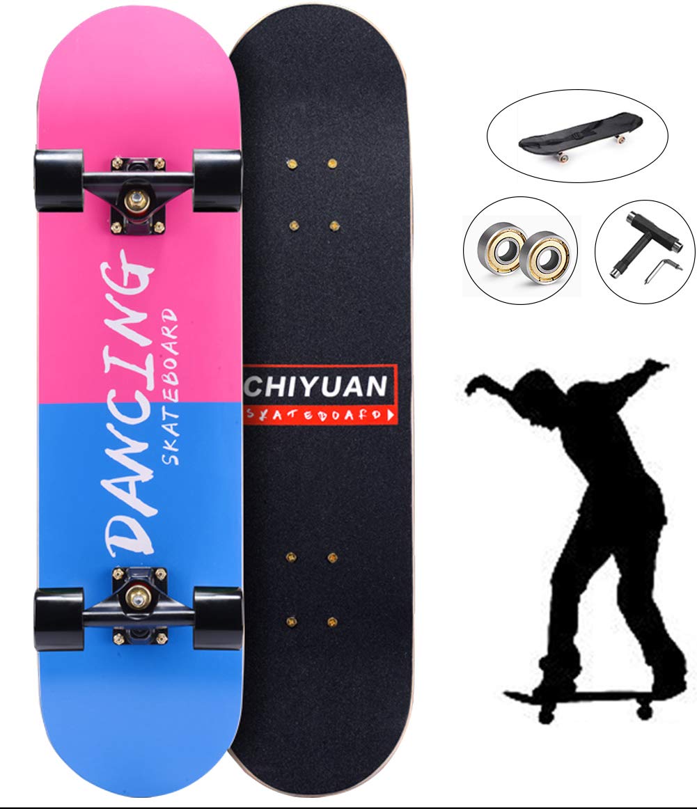 Skateboard Completo Estándar Doble cóncava Doble para Principiantes con 2 rodamientos adicionales, Herramienta T y Bolsa de patinetas para Niños Niñas Adultos
