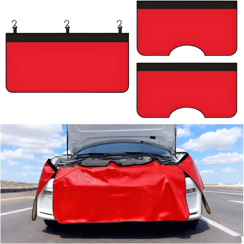 3PCS Car Fender Cover, PU Leather Strong Magnetic Vehicle Fender Cover Mat with Hook, Magnet Auto Repair Work Protector Pad for Mechanics, Universal for Most Vehicles (Medium/Red)