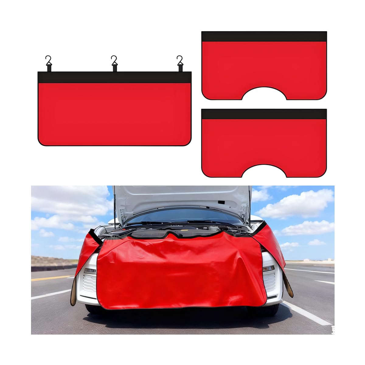 3PCS Car Fender Cover, PU Leather Strong Magnetic Vehicle Fender Cover Mat with Hook, Magnet Auto Repair Work Protector Pad for Mechanics, Universal for Most Vehicles (Medium/Red)