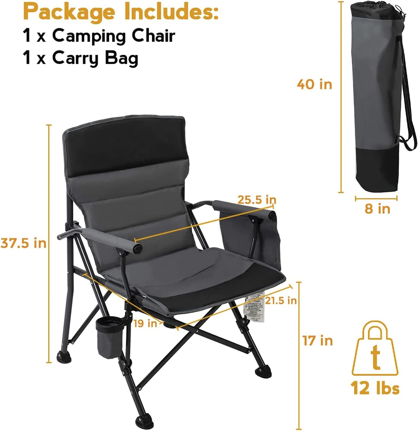 Pacific Pass Heavy Duty Padded Chair w/ Built-In Storage and Cup Holder, Includes Bag - Black : Everything Else