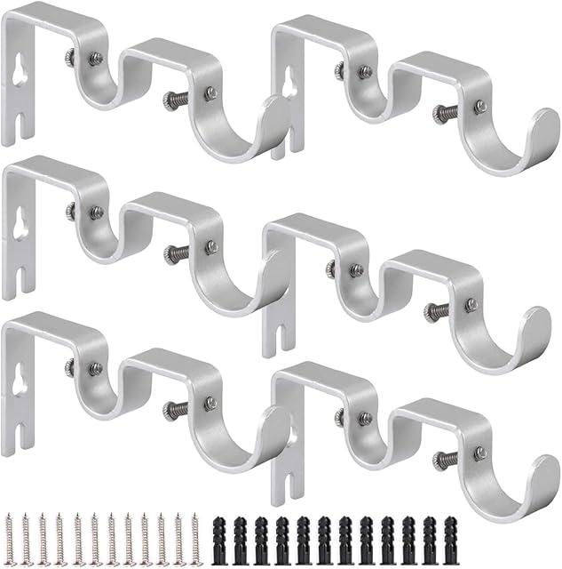 AYSUM Double Curtain Pole Brackets, 6Pcs Heavy Duty Curtain Rod Brackets for 1 and 5/8 Inch Rod, Metal Curtain Rail Support Brackets, Metal Window Hardware Rod Holders (Silver)