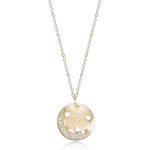 Lavari Jewelers Lab Grown Diamond Moon and Star Pendant Necklace for Women - 18k Yellow Gold Plated Silver Celestial Pendant for Her - 18 Inch Chain Necklace (G-H, VS2-SI1, 0.09 cttw) Lobster Claw