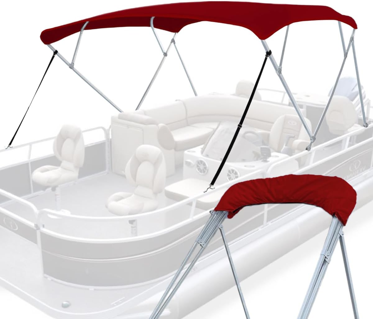 4 Bow Bimini Tops for Boat, 600D Fade and Crack Resistant Bimini Top Cover, Matte Square Support Poles, Burgundy 8'L 54" H 4 Bow 8'L 54" H 97"-103" W