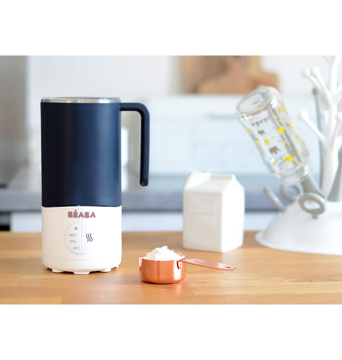 BÉABA Milk Prep, Preparador de biberones y bebidas lácteas, Calienta rápido, Leche en polvo, leche materna, leche en brick, chocolate caliente, Para bebés y niños, Azul oscuro