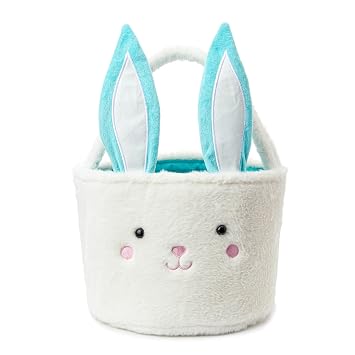 Plush Bunny Basket for Easter Fluffy Easter with with Bunny Ears , Easter Egg Hunts Decorations Candy Gifts Storage Blue White