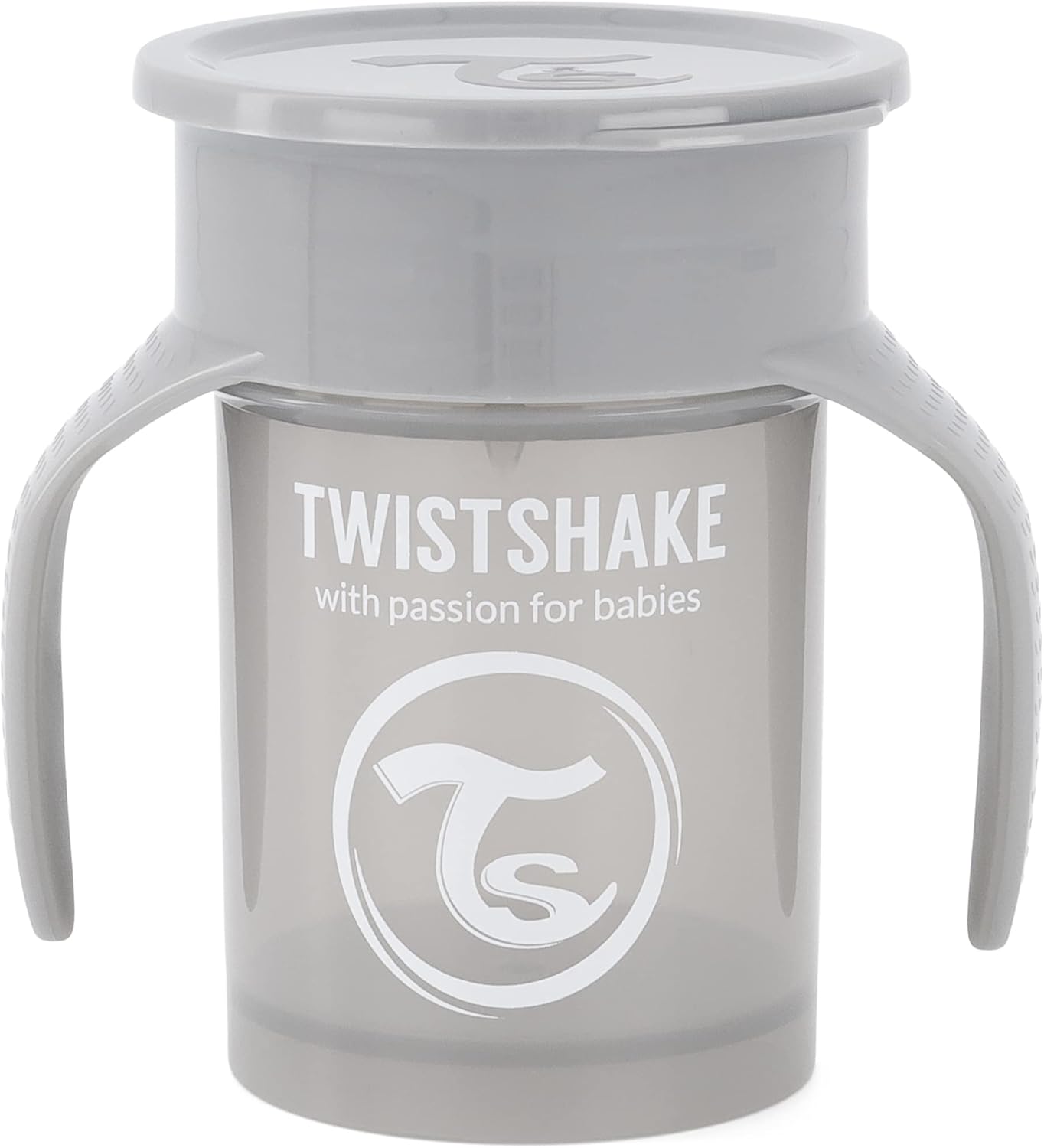 Twistshake 360 Cup Vaso Antiderrames Entrenamiento con Asas Bébé 230 ml, Borde a Prueba de Derrames de 360°, Ergonómicas Vasos con Boquilla, Taza de Aprendizaje, Sin BPA, 6+ Meses, Gris Pastel