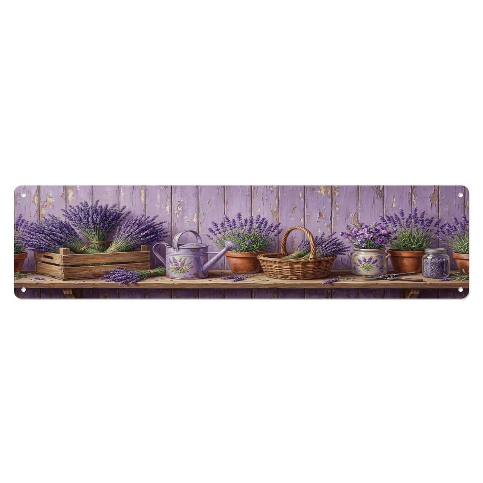 Floral Garden Tools Lavender Crate Pattern Print Metal Tin Sign