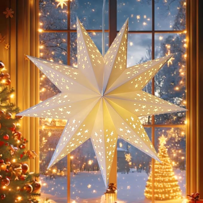 Rakuker - Estrella de Navidad LED, 45 cm, estrella luminosa LED, Navidad, papel decorativo de linterna colgante, luz de estrella plegable para decoración de Navidad de ventana y hogar