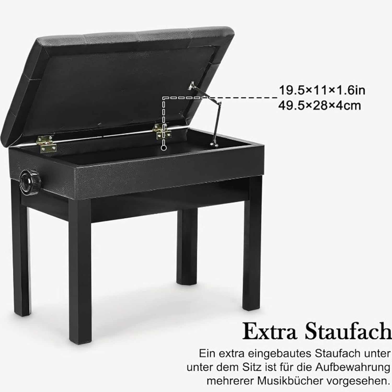 Klavierbank Klavierhocker Höhenverstellbar Mit PU Leder Gepolsterter Höhenverstellbarer Hocker Sitz Kissen Stauraum Taste Ablagefach Hocker Schwarz 56 x 33.5 x 58CM
