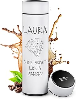 Maverton Thermobecher Kaffeebecher mit Gravur 450 ml - Trinkflasche Edelstahl - auslaufsicher - 100% dicht - mit LED-Temperaturanzeige - für Frauen zum Geburtstag - weiß - Diamant