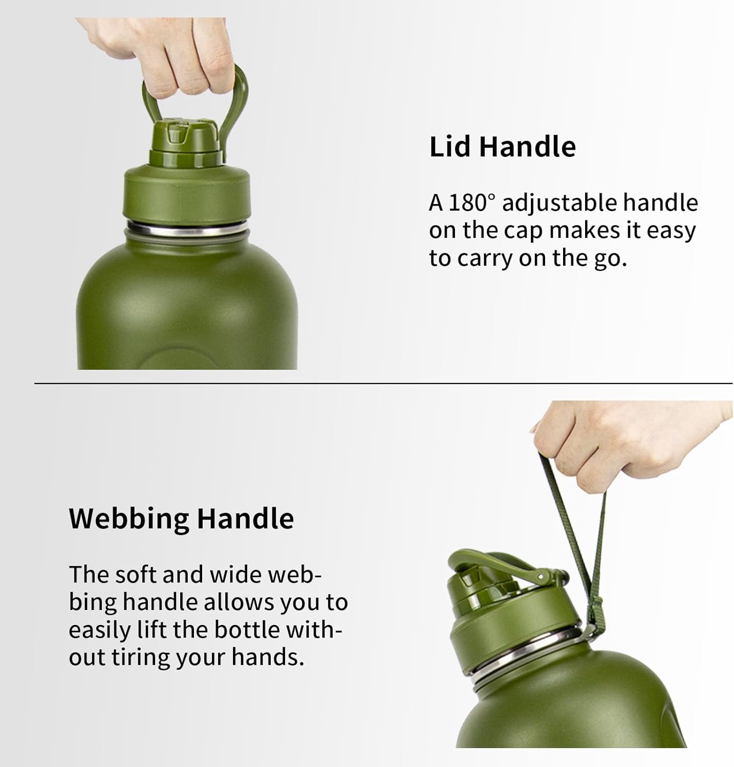 Toofeel Insulated Stainless Steel Water Bottle 74 oz, 2.2L Double Walled Vacuum Big Thermos, Leak Proof Cold Water Bottle, Wide Mouth Metal Bottle for Hot and Cold Drinks, BPA Free, Army Green