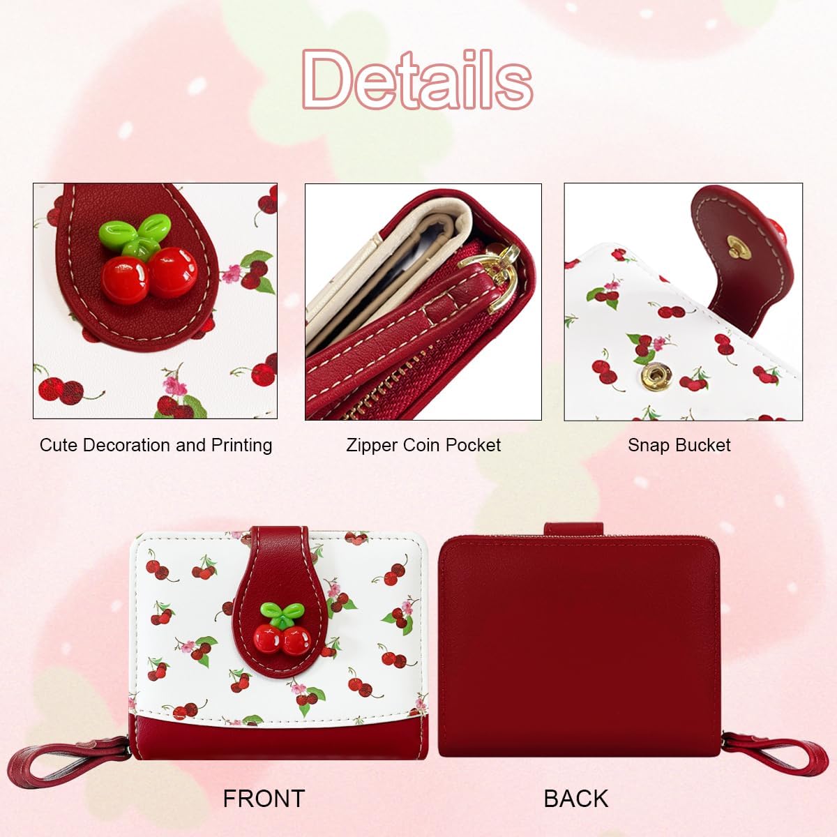 Cute Print Wallet Blueberry Strawberry Cherry Wallet with Credit Card Slot Zipper Coin Pocket for Women Girls (RED) - Image 4