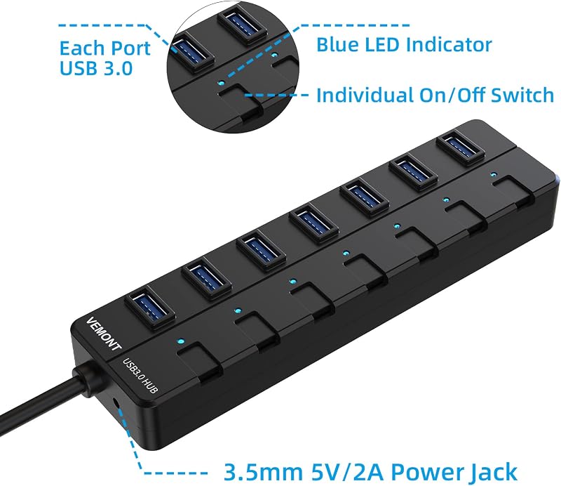 VEMONT 7 portos USB 3.0 hub tápegységgel, 5Gbps aktív elosztó Mac és PC-hez