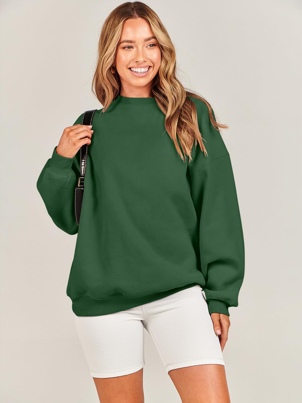 Damskie bluzy oversize bluzy z kapturem polar okrągły dekolt sweter top codzienne jesienne stroje preppy ubrania nastolatki 2024 A1019 światło, Jeden kolor, Deep Green_X-Small