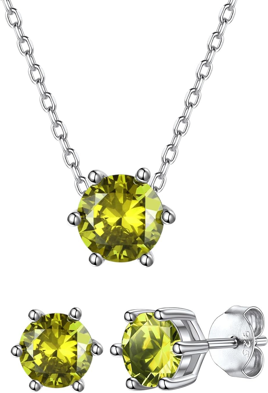 Silvora S925 Birthstone Necklace and Stud Earring Set for Women, 12 Months Birthstone Jewelry for Women
