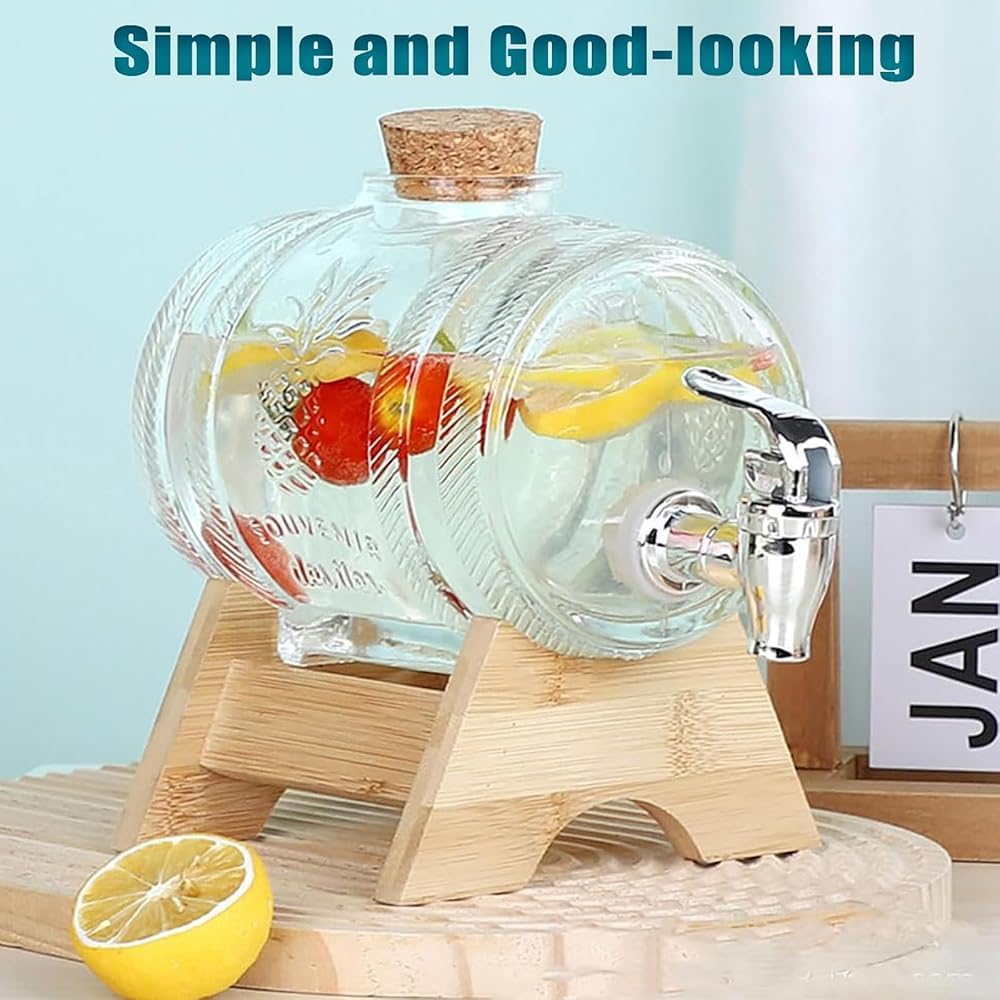 Getränkespender aus Glas mit Zapfhahn und Deckel – transparenter Getränkespender auf Holzständer für Wasser, Saft, Veranstaltungen und den Außenbereich – idealer Servierbehälter