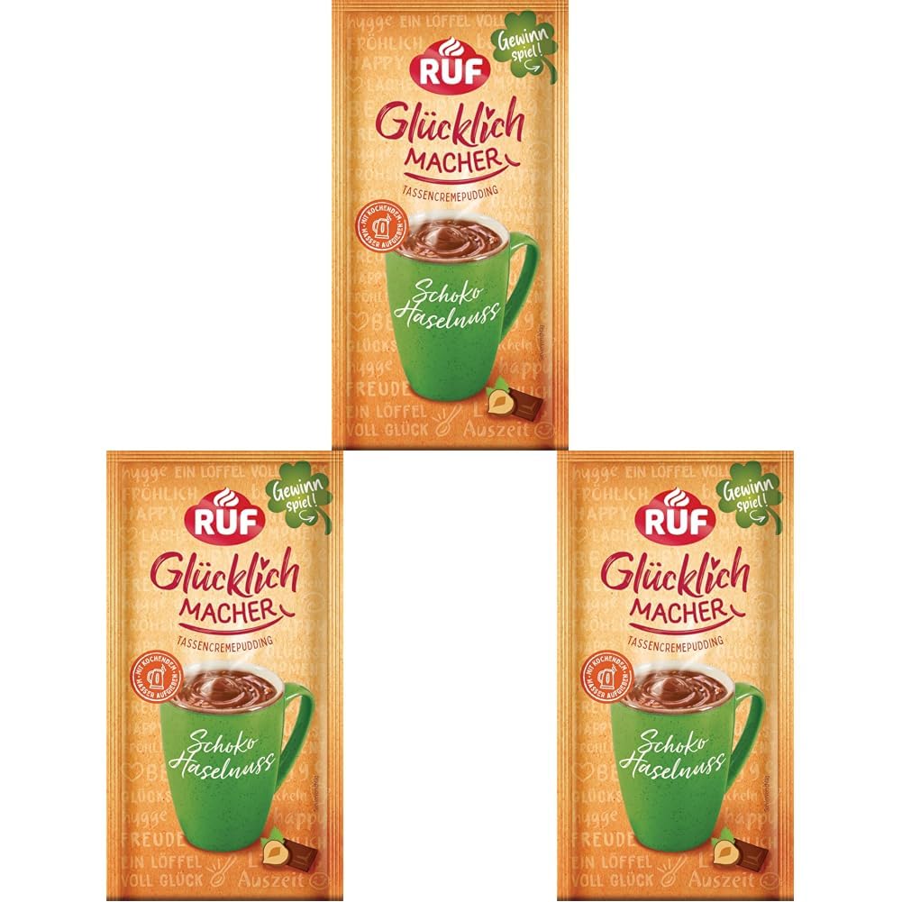 RUF Glücklichmacher Tassenpudding Schoko Haselnuss, Schokopudding mit knackigen Haselnuss Stückchen, Tassencremepudding, nur Wasser hinzufügen, 1 x 59g Beutel (Packung mit 3)