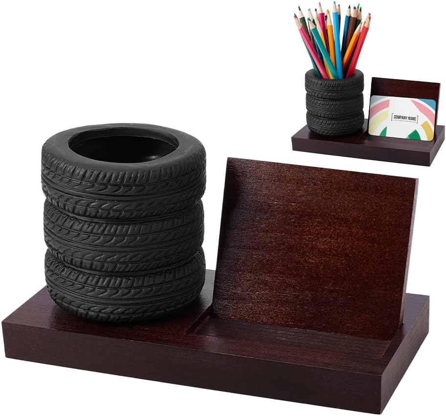 nbeads Pack of 2 Tyre Pen Holders, Business Card Holder, Tyre Shape Stationery Set, Automotive Desk Accessories for Tyre Shop, Office Mechanics, Gifts, Car Lovers, Saddle Brown