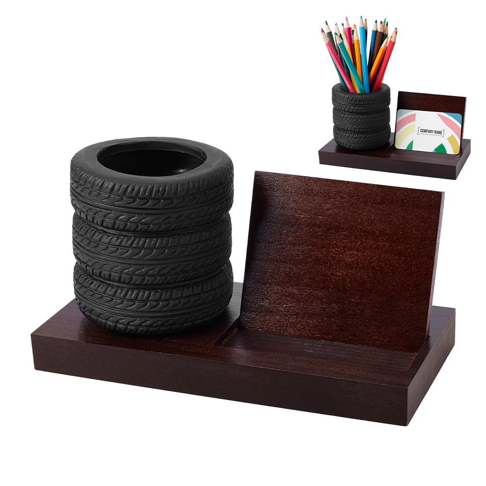 NBEADS 2 Pcs Tire Pen Holder Business Card Holder, Tire Shape Stationery Set Automotive Desk Accessories for Tire Shop Office Mechanics Gifts Car Lovers, Saddle Brown