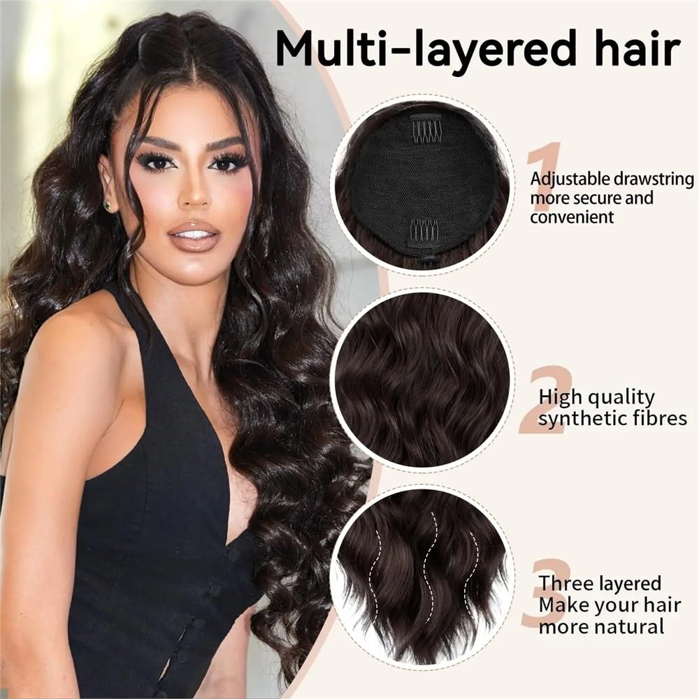 Colas de caballo largas onduladas con cordón para mujer, extensiones de pelo sintético para uso diario (#4,16 pulgadas)