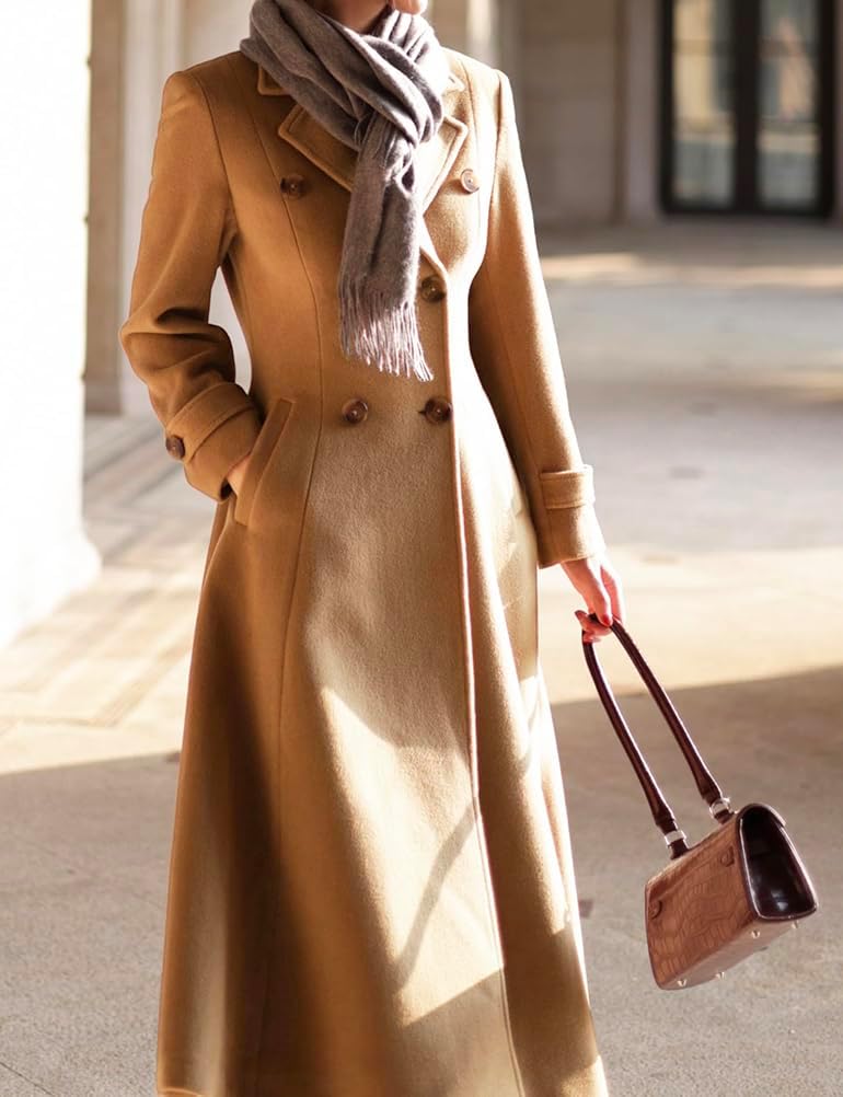 Kinghua Long Wool Coats for Women Fall Winter V Neck PeaCoat Double Breasted Dressy Blazer Jackets Trench Coat with Pockets - Image 4