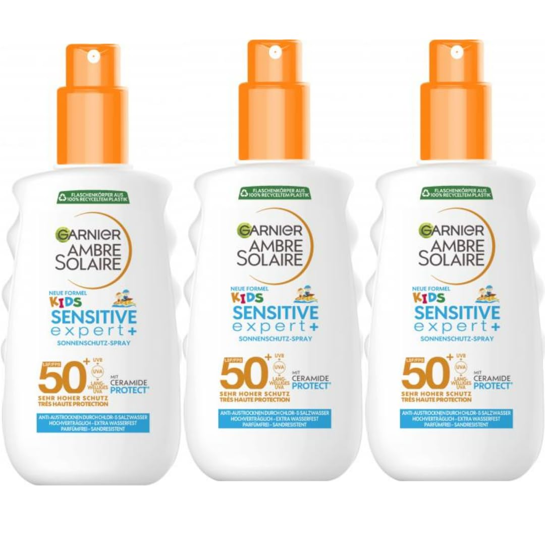 Mit Pufai Überraschungsgeschenk, Ambre Solaire Kids Sensitive Expert+ LSF 50 Sonnenschutzmittel Sun Gesichts- Sonnencreme LSF50 150 Mililiter x 3 STÜCK