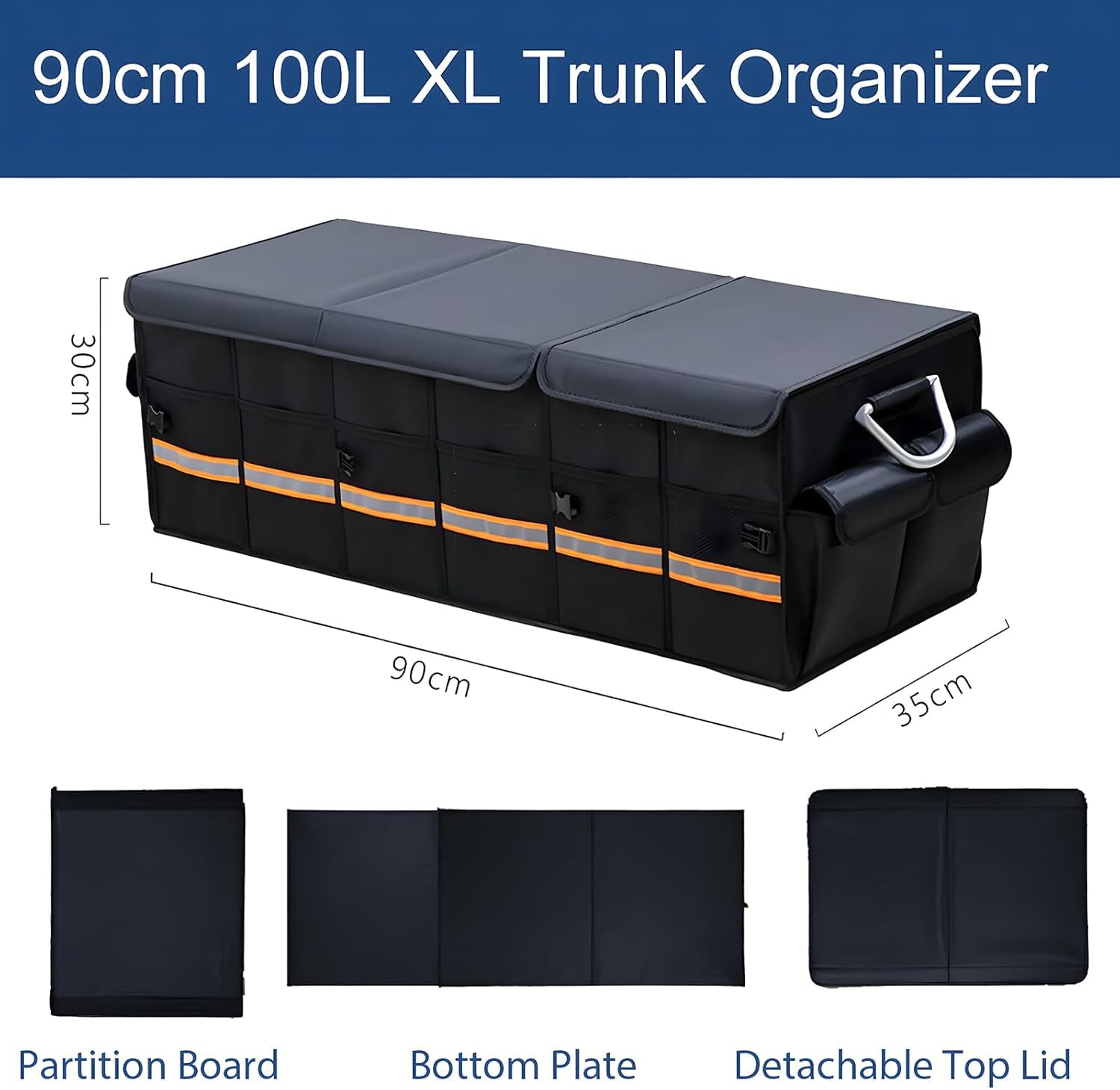 Organizador plegable XXL para maletero de coche, 90 cm, con asas de aluminio reforzadas, base antideslizante y varios bolsillos, bolsa de maletero para coche, SUV y camión