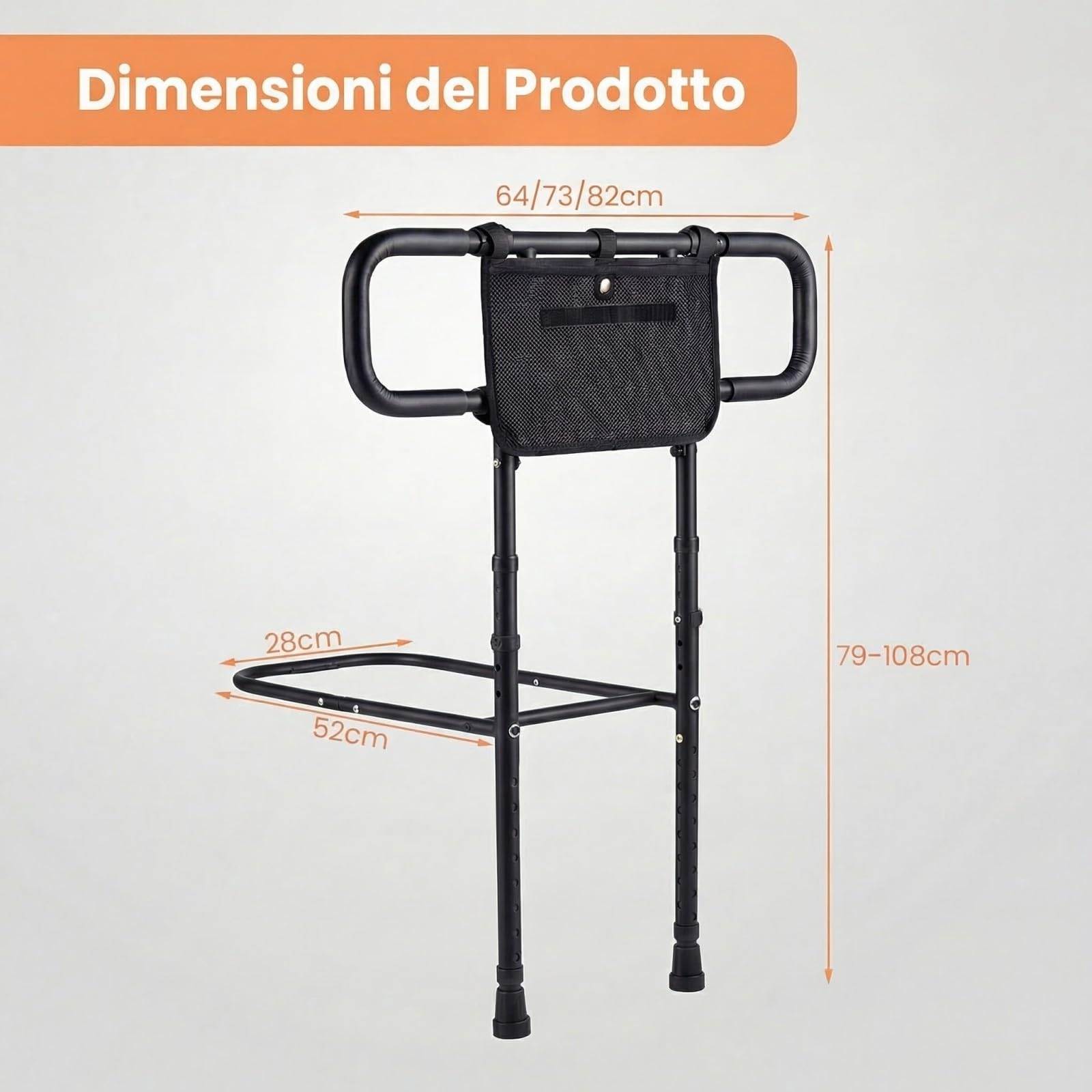 COSTWAY Sponda Letto Pieghevole per Anziani, Altezza/Larghezza Regolabile, Tasca Rimovibile, Maniglie Imbottite e Base a U, Sbarra da Letto con Cintura di Fissaggio, Supporto 136 kg (Nero)