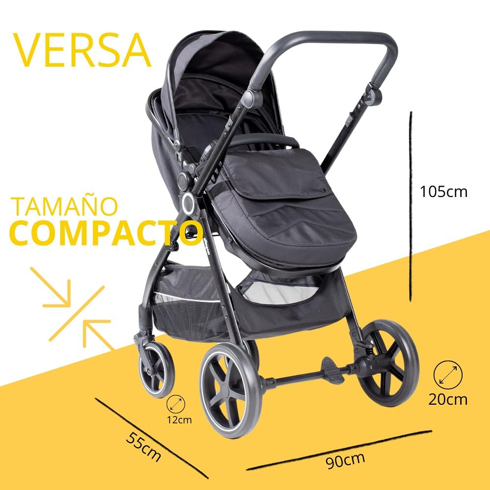 Carrito Bebé 2 en 1 Interbaby VERSA | Cochecito Bebé desde Nacimiento hasta 22 kg | Capazo Extra Grande + Silla de Paseo Reversible | Suspensión 4 Ruedas, Plegado Rápido | Carrito Recién Nacido Negro