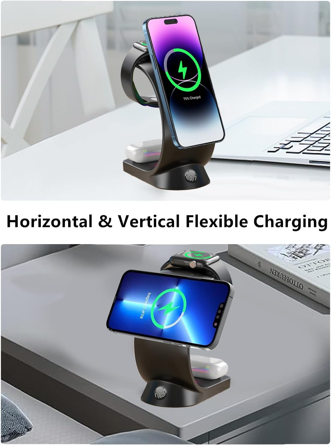 3 in 1 Wireless Charging Station, [6-Color RGB Light] 15W Fast Magnetic Wireless Charger Stand for Multiple Devices Apple, for iPhone 17/Air/16/15 Pro Max, for iWatch 2 to 9
