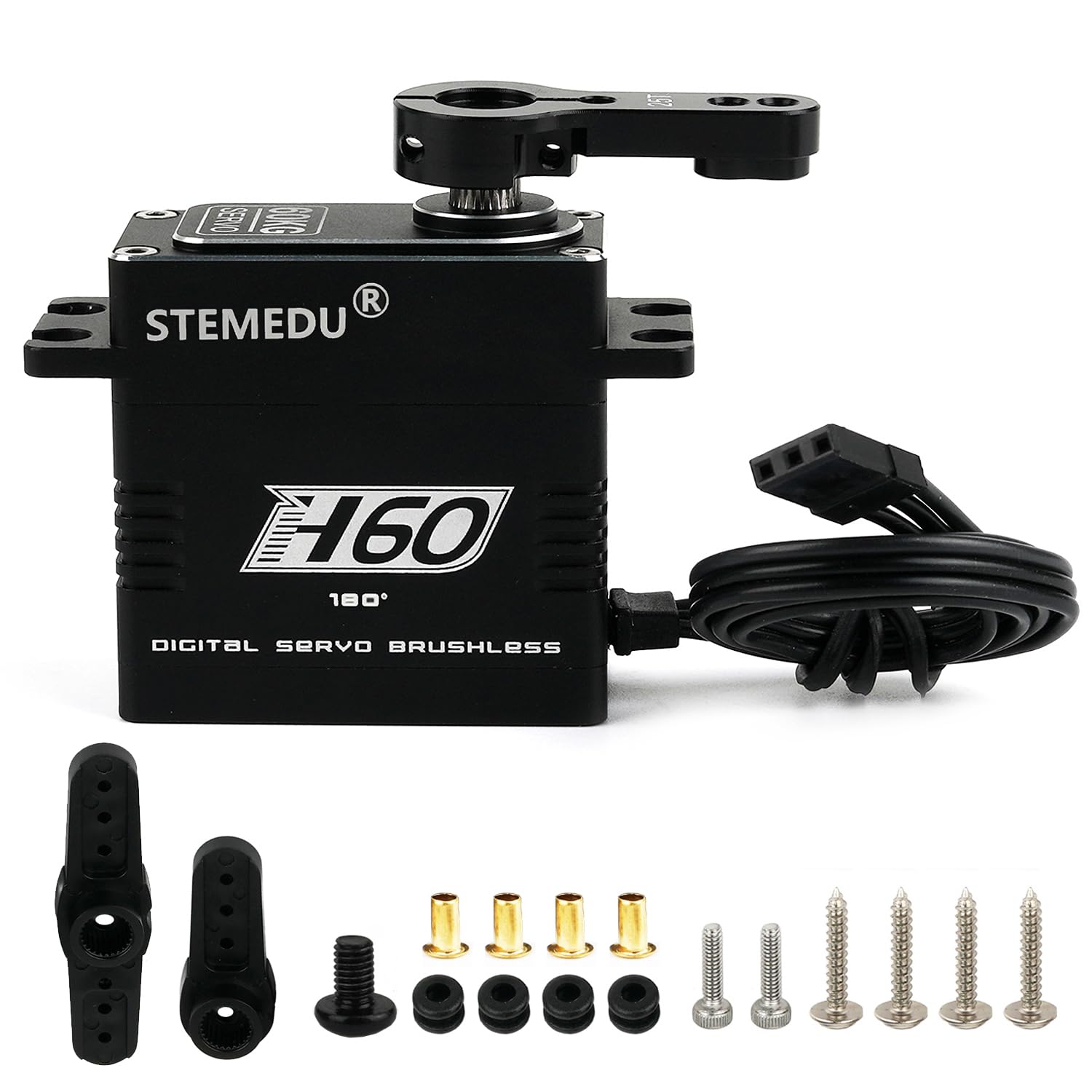 Stemedu 180° RC Servo 60KG High Torque Steering 0.12sec/60° at 7.4V High-Speed, Brushless Digital Motor, Stainless Steel Gear, Waterproof, for DIY RC Models, Robotic Toys