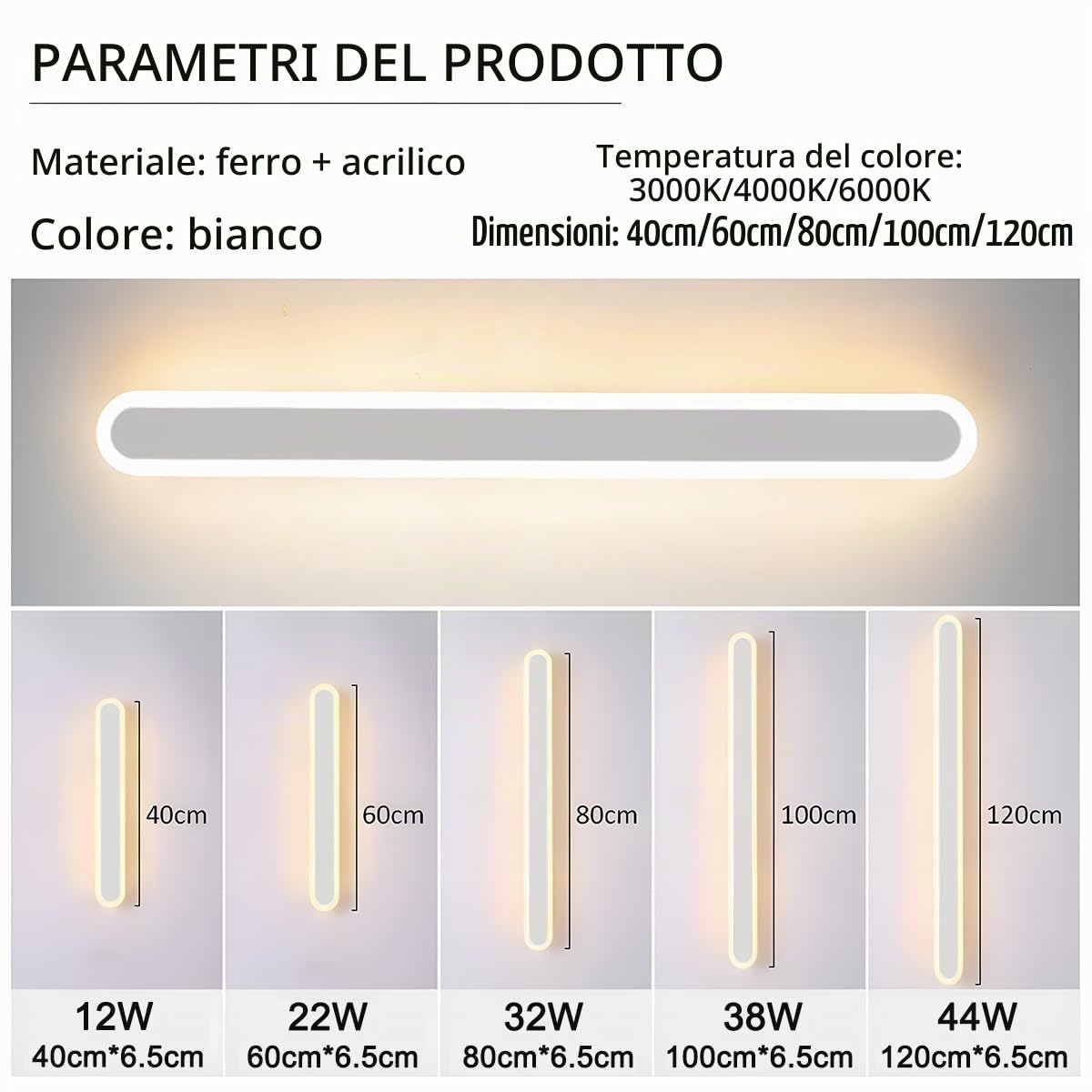 44W/120CM Applique da Parete LED Dimmerabile con Telecomando | Dimmerabile 10%-100%,3000K-6000K,Lampada da Parete Lunga Bianco 110-240V per Camera da Letto Soggiorno Hotel Scala Corridoio