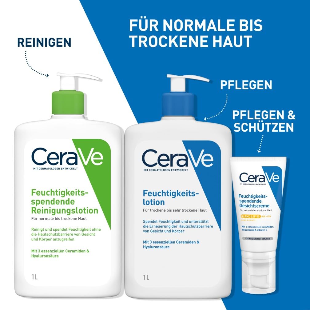 CeraVe Feuchtigkeitsspendende Reinigungslotion für Gesicht und Körper, Normale bis trockene Haut, Mit Hyaluron und 3 essenziellen Ceramiden