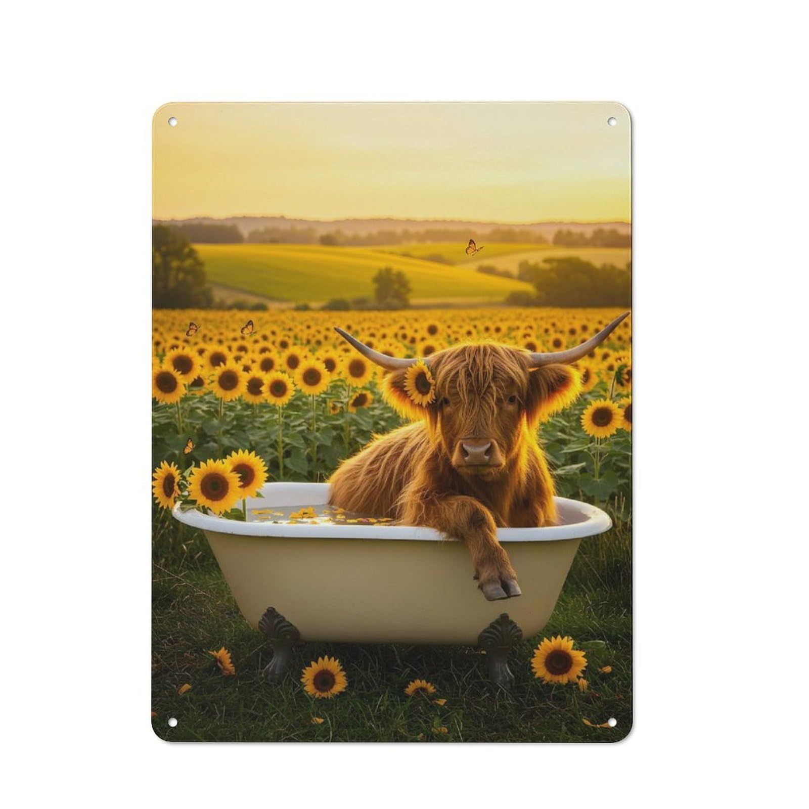 Junmoney Highland Cow In Bathtub With Sunflowers Vintage Decorative Metal Plaque 40X30cm, Garden Room Wall Plaque For Shed, Garden Room, Porch Or Garage