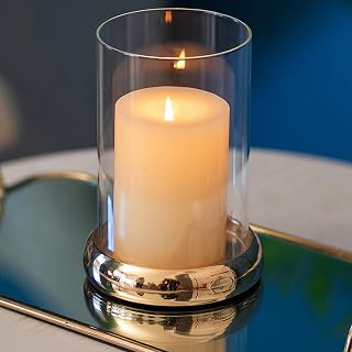 Sziqiqi Windlicht Gold Metall für Stumpenkerzen, 2er-Set mit Glaszylinder