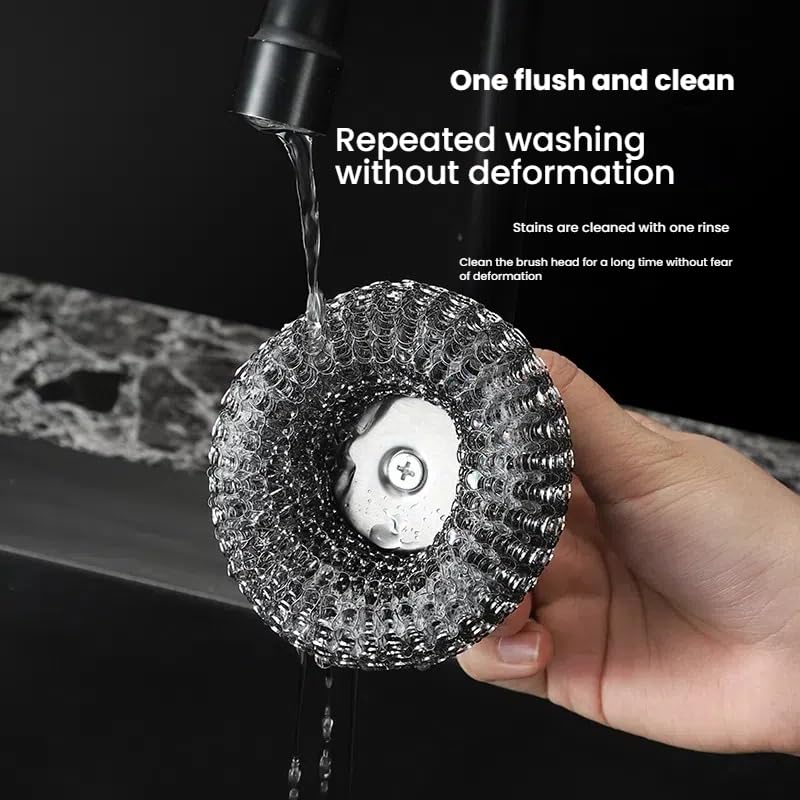 Image of 2 Pcs Stainless Steel Wool Scrubber Set with Handle, Includes 2 Replacement Scrubber Pads, Perfect for Cleaning Iron Pots, Stoves, Grills, and Sinks, Durable Metal Scourer for Tough Messes