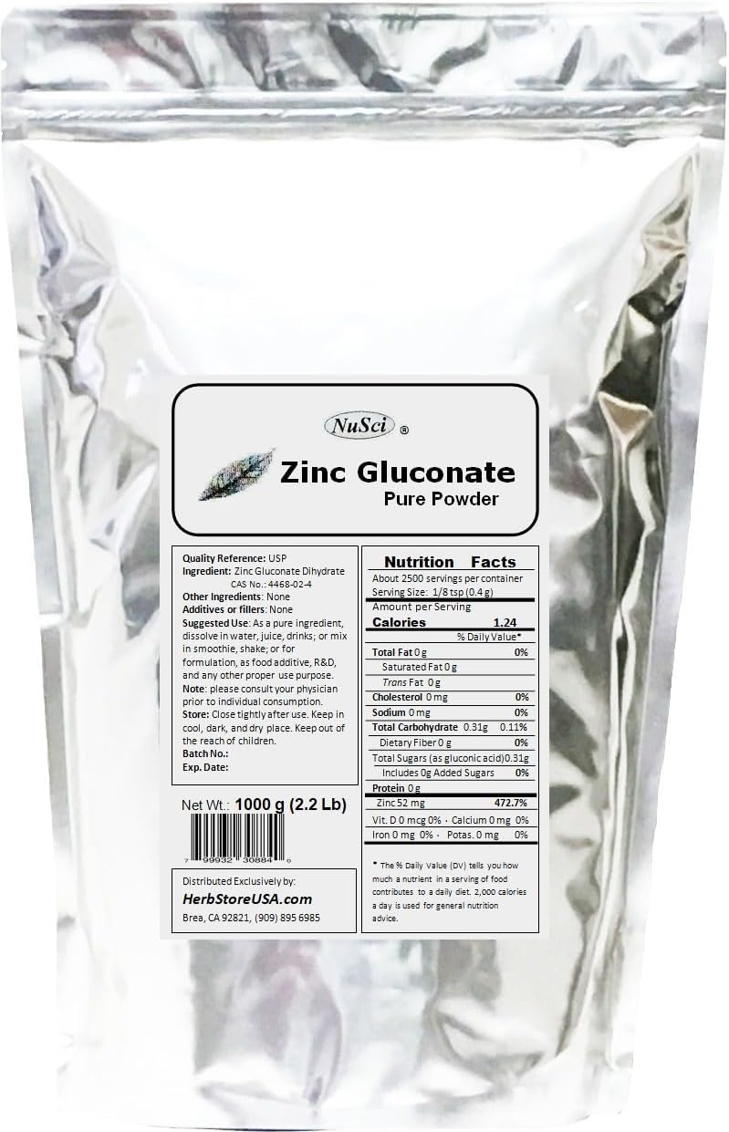 Zinc Gluconate Powder Pure Supports Enzyme Functions (500 Grams (1.1 lb))