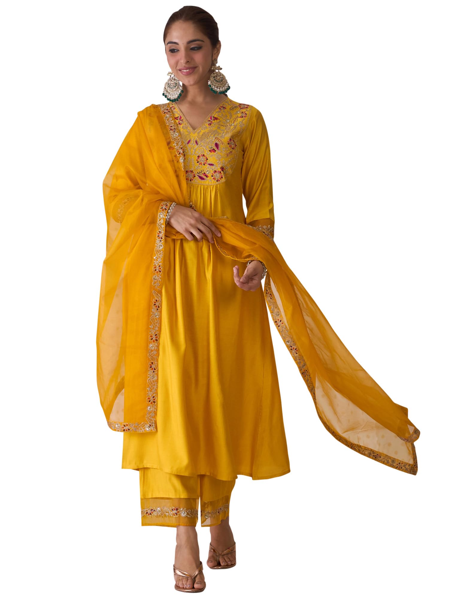 indo era Women's Rayon Viscose Floral Embroidered A-line Kurta Palazzo & Dupatta Set-picture-31