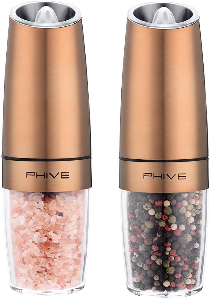 Electric Salt and Pepper Grinder Set, PHIVE Gravity Salt Mill Pepper Mill Set with LED Light, Adjustable Coarseness, Stainless Steel, Battery Operated Automatic Salt and Pepper Shakers