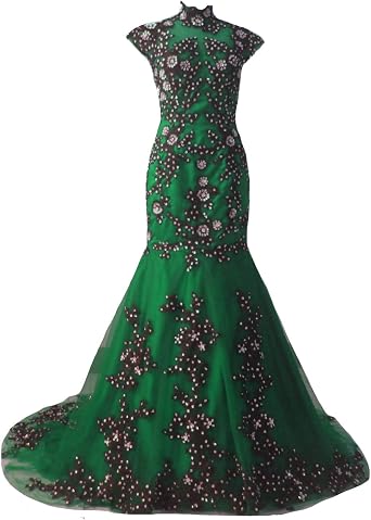 Kivary Vintage High Neck Sheer Mermaid Black Lace Gothic Prom Evening Dresses