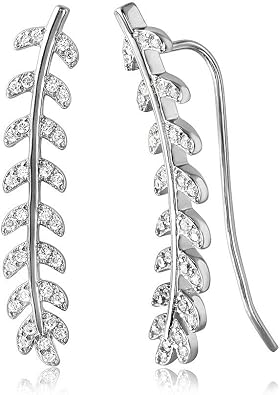 Sterling Silver 925 Leaf CZ Earrings Ear Climber Vine Style Sweep Up Leaf CZ Earrings Stunning Women Gift Jewelry