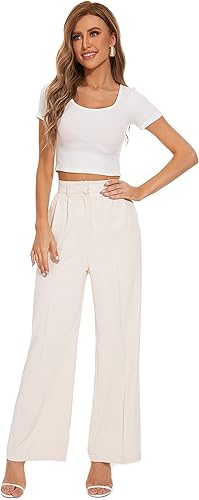 Miniatura 3 de FUNYYZO - Pantalones de pierna ancha para mujer, con cintura elástica en la parte trasera, largos, rectos, ideales para negocios y el trabajo