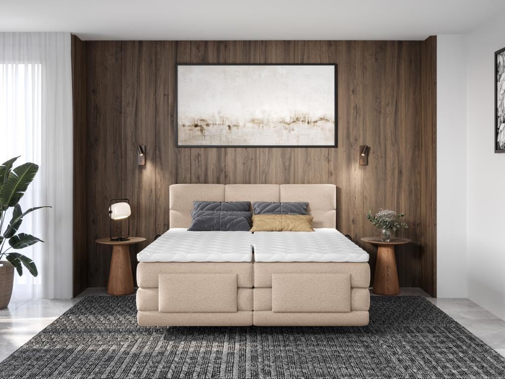 Brand Set letto Boxspring 2x90x200 Beige LODI di PALACIO: Testata trapuntata + Rete relax elet. + Materasso + Topper