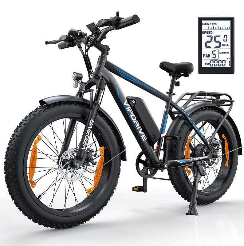 Vipdrive Electric Bikes for Adults, E-Bike with 48V 13Ah Removable Battery, 26" X 4" Fat Tire, 5 PAS Modes, 7 Speeds, Up to 25 Km/h, Large Smart LCD Display, Up to 100 KM E Mountain Bikes